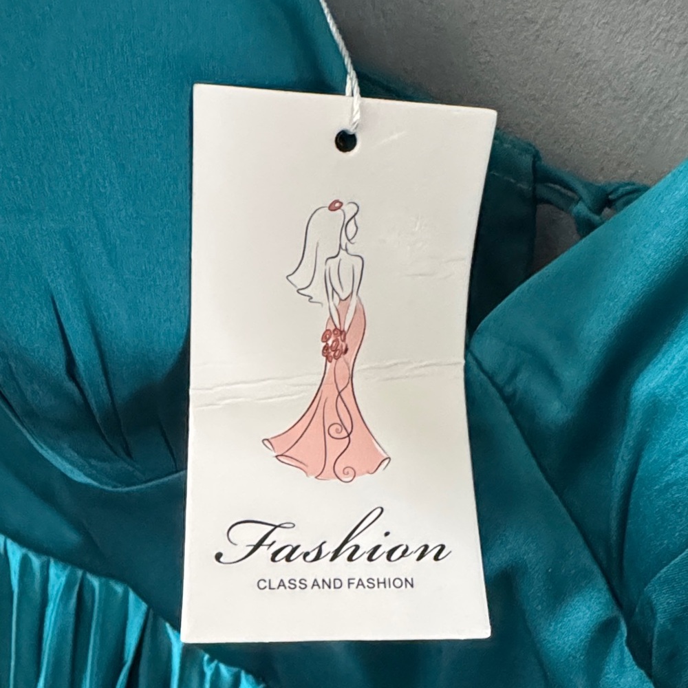 Teal Tea Length Satin Midi Dress - Built in padded bust and drawstring back - Picture 4 of 6
